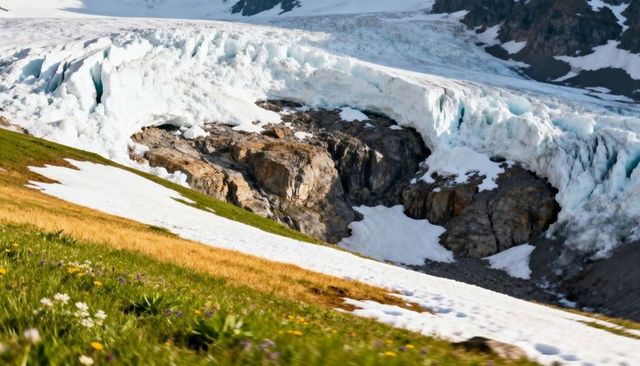 Crevassed alpine glacier with ice cliff over rock cirque and wildflower meadow