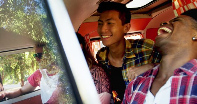 Friends Laughing on Road Trip in Campervan on Sunny Day - Download Free Stock Images Pikwizard.com