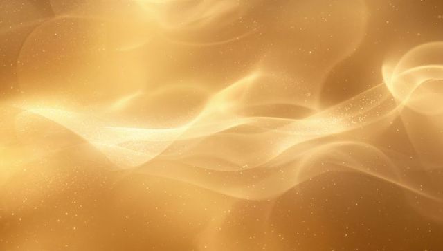 Flowing golden ribbons creating layered waves with glowing central highlight and particles