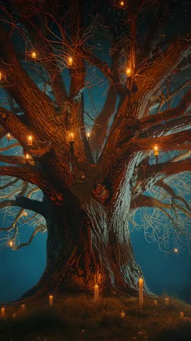 Cinematic oak tree hanging candles and lanterns swaying and flickering in breeze vertical video