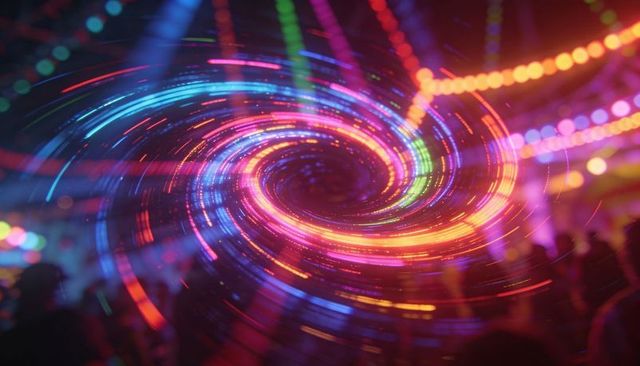Swirling neon led vortex creating bokeh light trails over silhouetted concert crowd