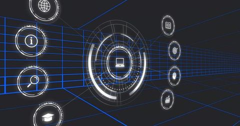 Futuristic holographic interface displaying laptop icon over neon blue grid with hud icons