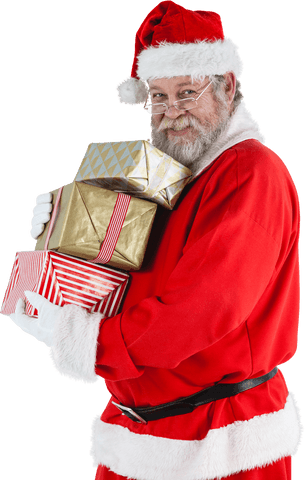 Jolly Santa Claus Holding Vibrant Christmas Gifts Transparent Background