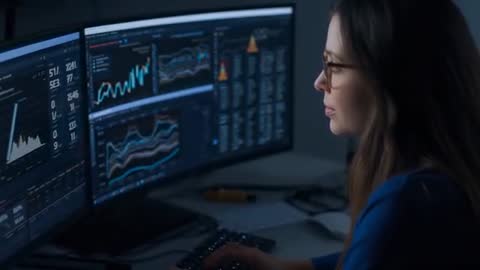 Night Office Analytics, Woman Analyzing Data on Computer Screen