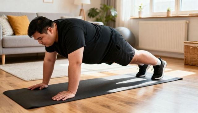 Man holding plank on black mat in sunlit modern living room for home workout