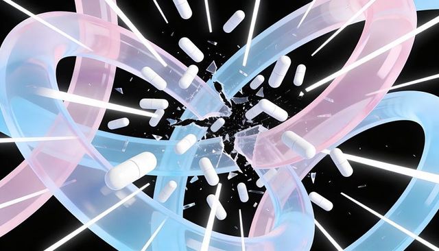 Weaving pastel pink-blue ribbons scattering white capsules and neon light beams