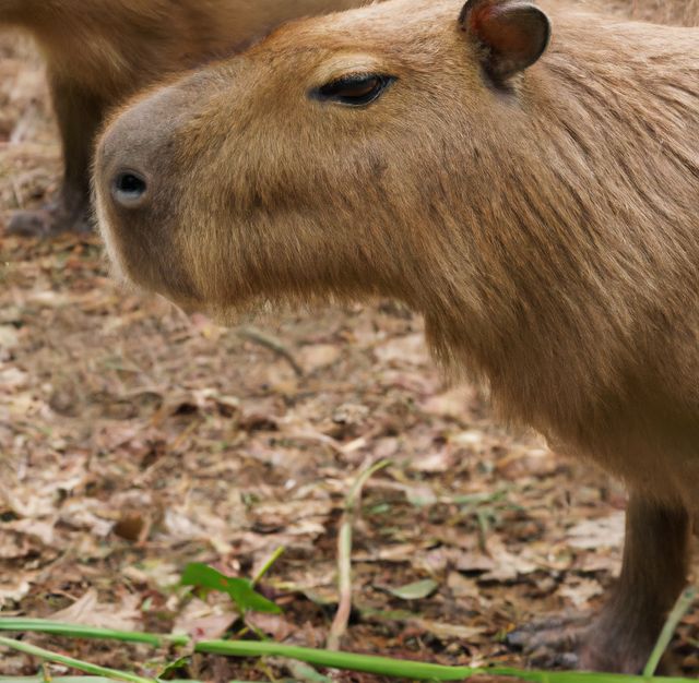 Close up of capybaras over grass created using generative ai technology. Animal and nature concept, digitally generated image.