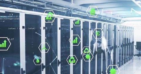Sustainability Icons Projecting from Data Center Servers