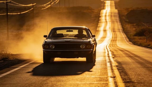 Classic muscle car charging down sunlit desert highway at golden hour kicking dust