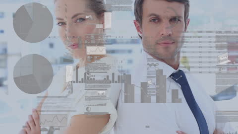 Business Professionals Analyzing Combines with Financial Data Overlay