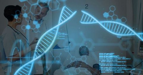 Doctors consulting on patient case with dna hologram overlay