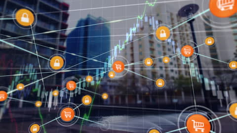 Digital Networking and Financial Data Over Modern Cityscape