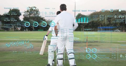 Cricket players standing on pitch holding bat with augmented analytics overlay
