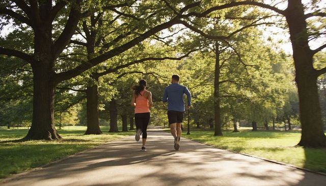 Two Runners Jogging Through Sunlit Park Under Oak Canopy on Paved Trail