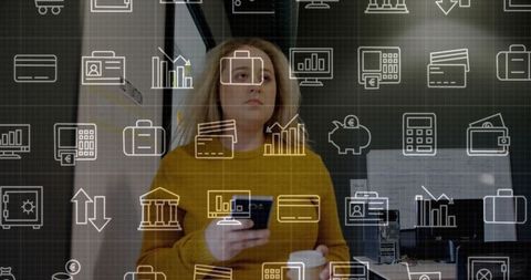 Professional Woman Engaging with Technology and Finance Icons