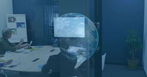 Discussing Global Strategy in Glass Conference Room with Projected Earth Overlay
