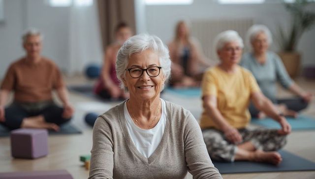 Senior Woman Meditating with Group in Sunlit Yoga Studio