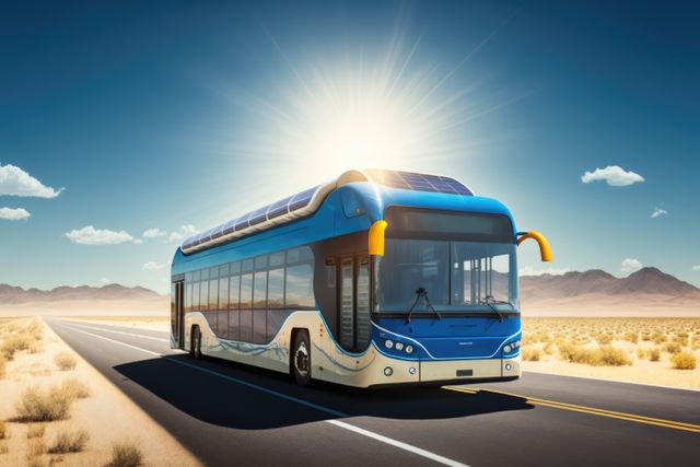 This depiction of a solar-powered electric bus driving on a desert road under the bright sun captures the essence of sustainable and innovative transportation solutions. Ideal for illustrating advancements in renewable energy, eco-friendly public transport options, future technology, and green initiatives. Use it in articles, presentations, or advertisements focused on environmental sustainability, technological innovation in transportation, and the future of public transit.