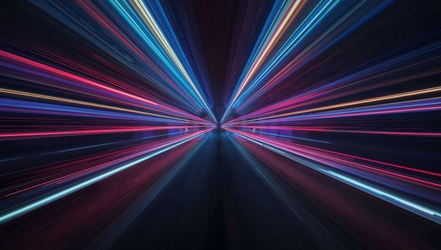 Neon tunnel racing converging light trails, creating futuristic cyberpunk motion and depth
