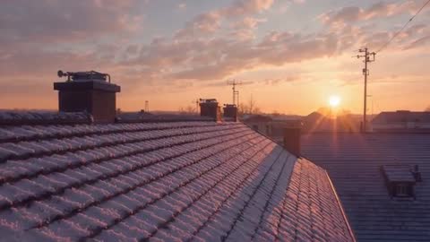 Sunrise Casting Warm Light Over Snow-Dusted Tiled Rooftops with Chimneys and Antennas