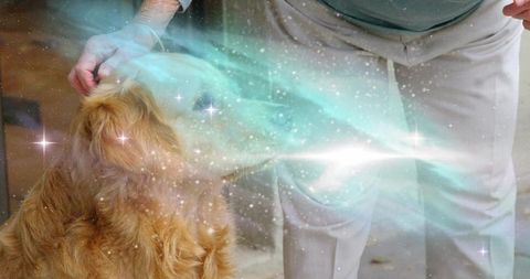 Petting Golden Retriever on Porch with Dreamy Teal Nebula Glow Conveying Calm Companionship