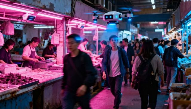 Neon seafood market alley with hovering drone, asian man walking through night bazaar