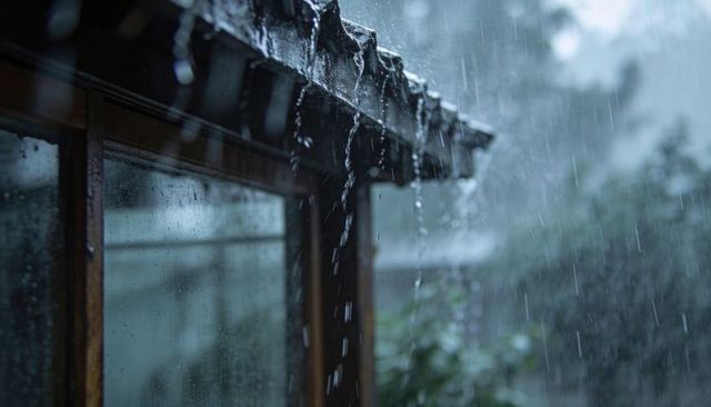 Dripping corrugated eaves, wooden window shedding water during heavy rainstorm