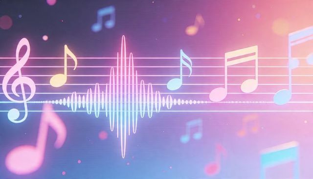 Glowing neon audio waveform pulsing across pastel musical staff with treble clef and notes