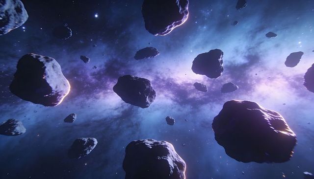 Drifting asteroid field with rim-lit foreground rocks and purple nebula band