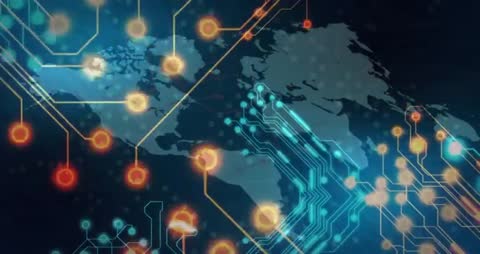 World Map with Digital Network Overlay and Circuit Patterns