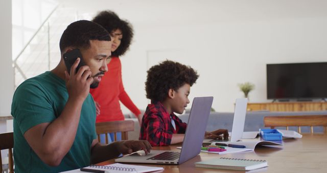 Busy African American Family Working and Studying Together at Home - Download Free Stock Images Pikwizard.com