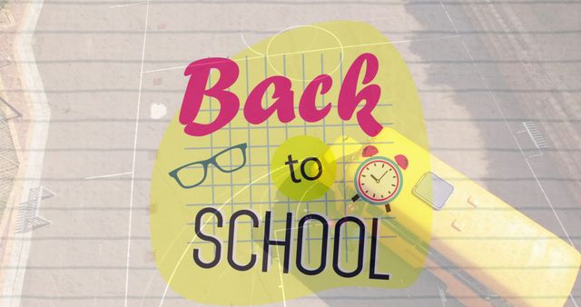 Digital composite image of Back to school text and glasses and clock icon against aerial view of kids getting in the school bus