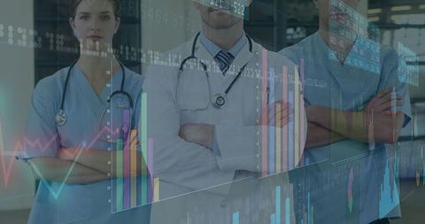 Confident healthcare team with digital medical data integration