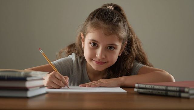 Young girl writing at desk with books focusing on homework and study concentration