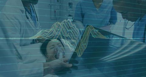 Medical team monitoring female patient with ecg overlay