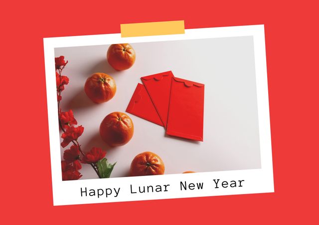 Composition of happy lunar new year text over decorations on red background. Chinese new year, tradition and celebration concept digitally generated image.