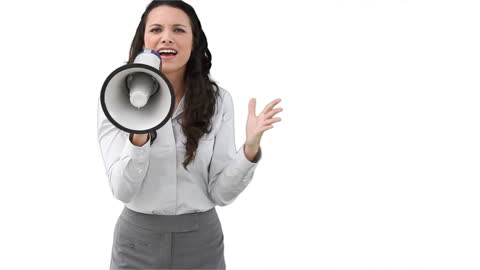 Business Woman Using Megaphone for Communication Against White Background