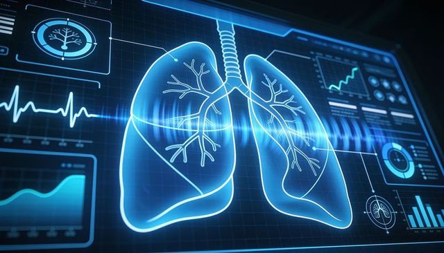 Holographic lungs diagnostic interface showing respiratory anatomy and monitoring data