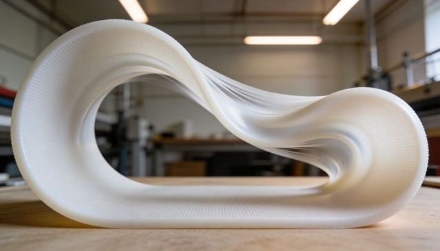 3d-printed white mobius loop sculpture with grid texture on workshop bench