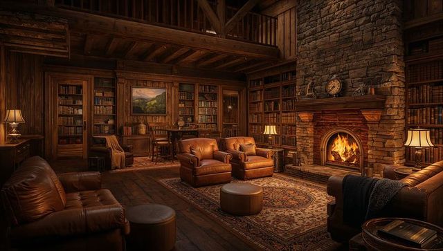 Cozy rustic library with leather armchairs, stone fireplace, built-in bookshelves and loft