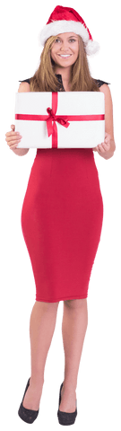 Cheerful Woman Holding Gift in Santa Hat Transparent Background