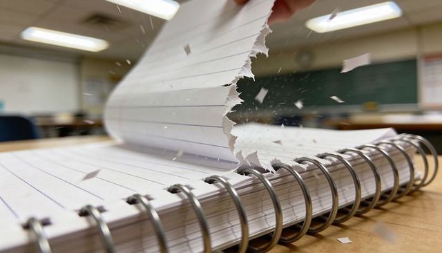 Tearing spiral notebook page at classroom desk with flying paper fragments and metal coil