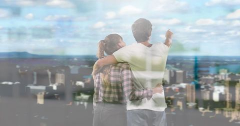 Couple Embracing and Gazing at Modern Cityscape - Download Free Stock Images Pikwizard.com