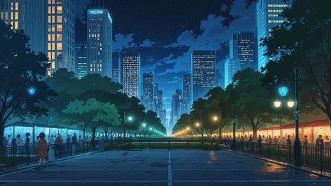 Vibrant anime urban nightlife with shoppers at festive streetmarket