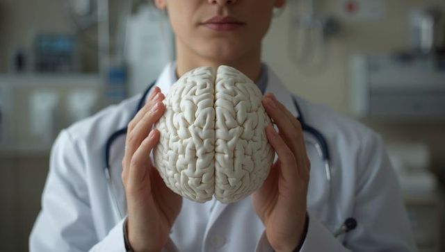 Female doctor presenting life-size brain model in medical setting