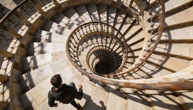 Walking traveler descending spiral staircase casting dramatic shadows and architectural depth