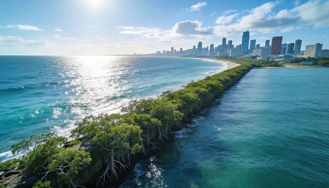Mangrove-lined breakwater separating turquoise ocean and calm bay with sunlit city skyline