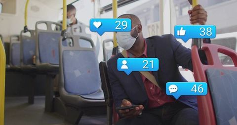 Commuter scrolling smartphone on bus wearing mask with social media notification overlays
