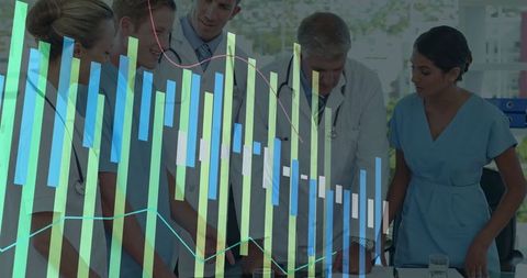 Medical Team Collaborating with Data Overlay for Analyzing Healthcare Trends