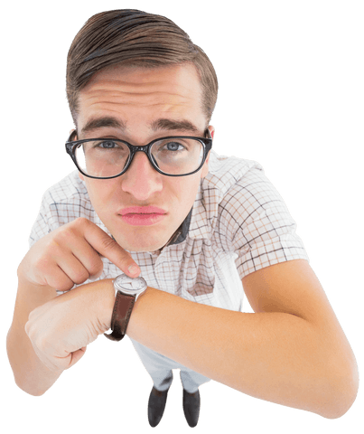 transparent geeky hipster pointing at watch in curved perspective - Download Free Stock Videos Pikwizard.com